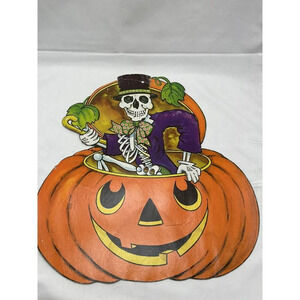 Vintage Halloween Dancing Skeleton Jack O Lantern Wall Decor 15 1/4" Tall